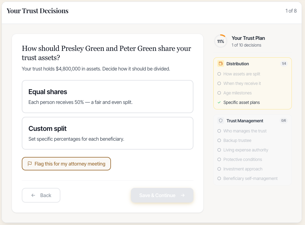 DeNovo trust decisions interface showing asset split options with flag for attorney meeting