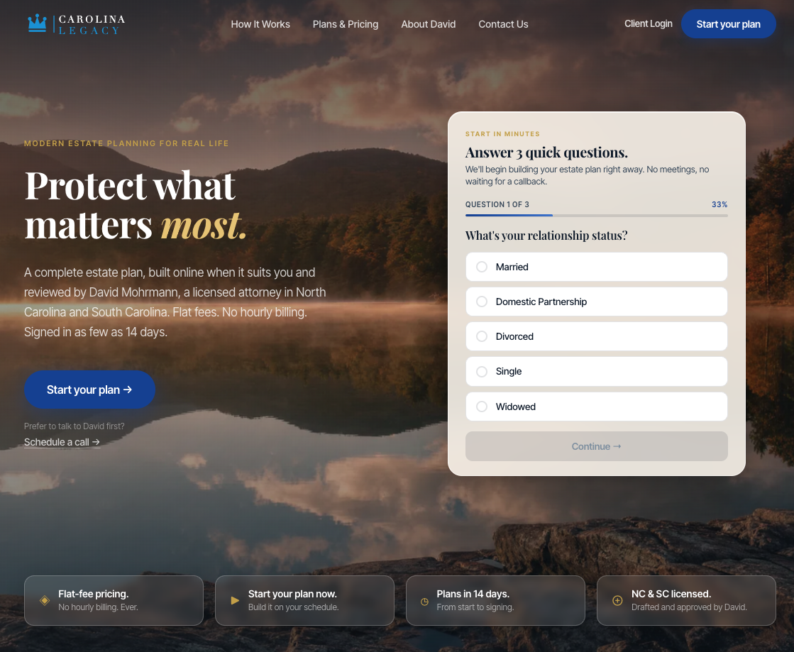 Carolina Legacy website built on DeNovo, showing the client self-guided estate planning experience