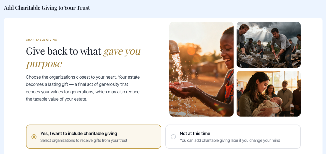 DeNovo platform charitable giving step: Give back to what gave you purpose