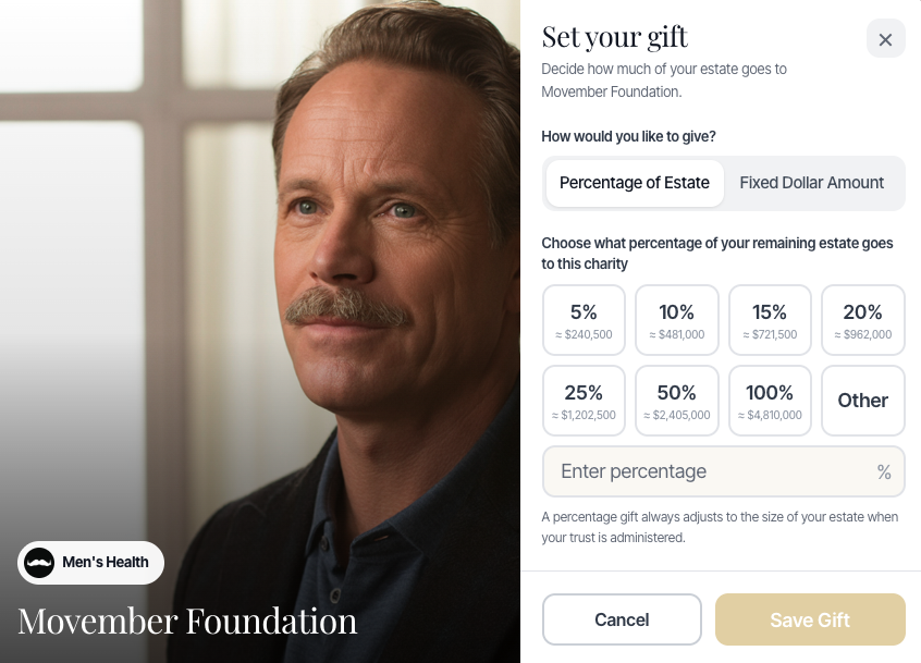 DeNovo gift setup interface showing percentage of estate allocation options for a chosen charity