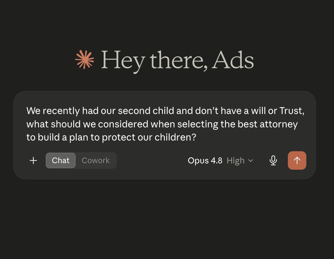 AI chat query asking how to select the best estate planning attorney after having a second child