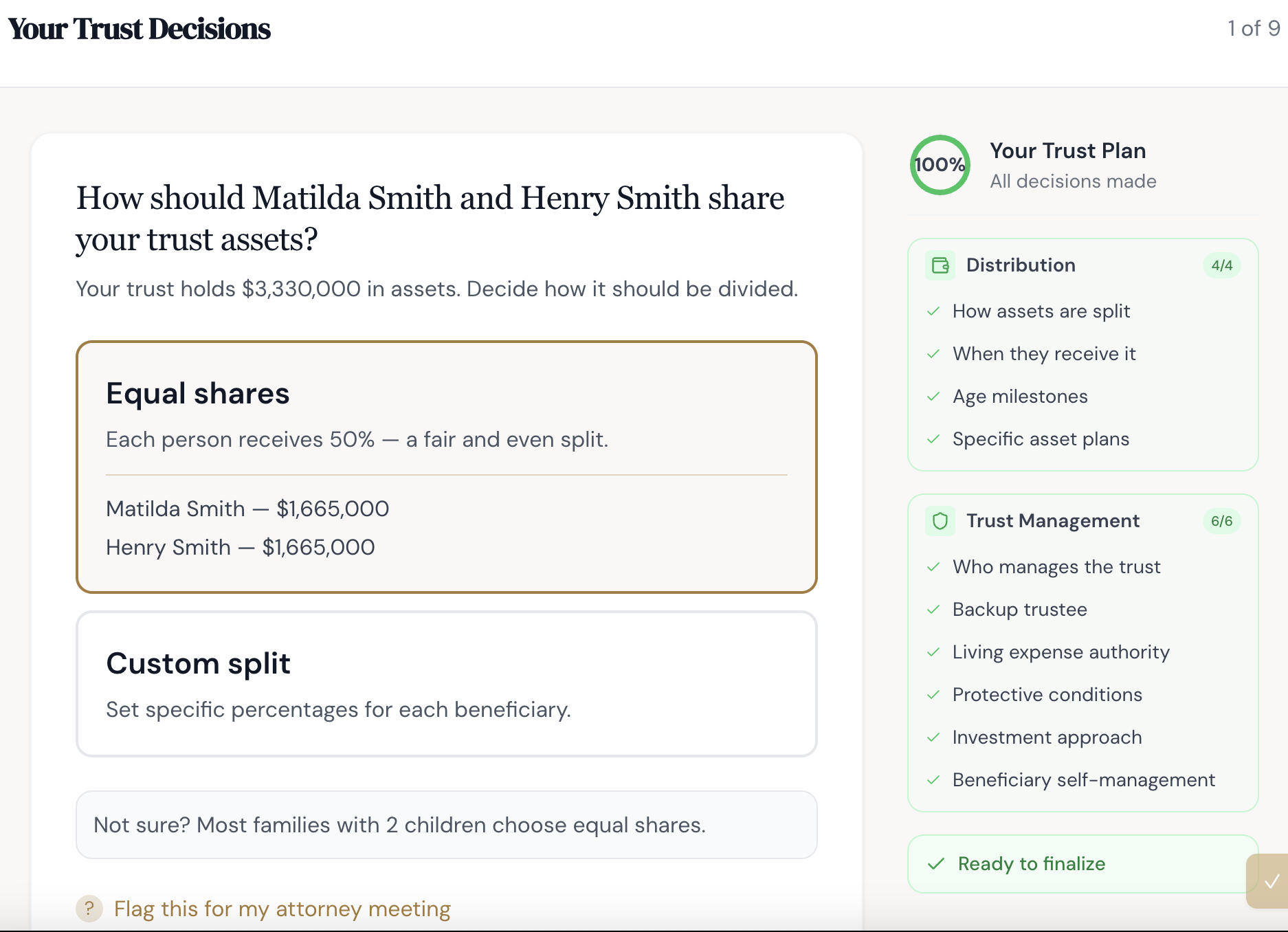 DeNovo client self-guided platform showing trust decisions interface