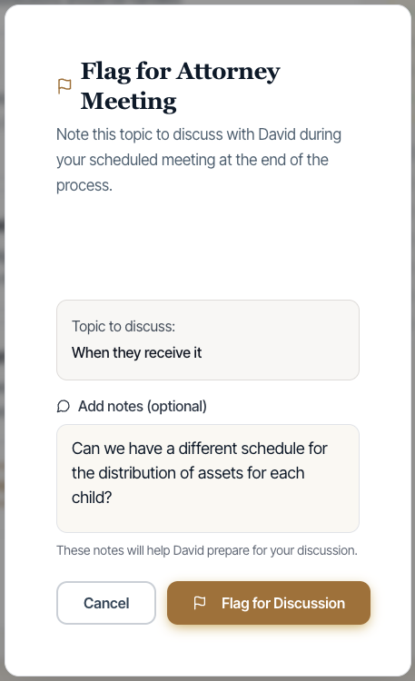 DeNovo flag for attorney meeting dialog with topic to discuss and optional notes