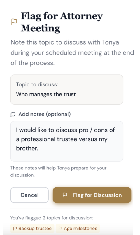 DeNovo flag for attorney meeting feature showing discussion topics and notes