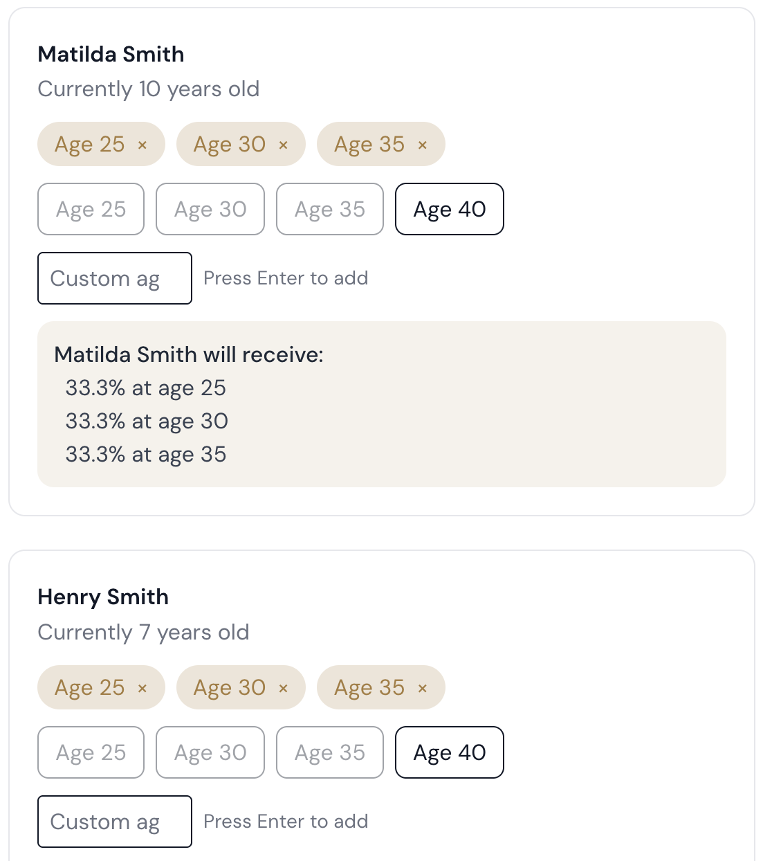 DeNovo client experience showing staged distribution ages for beneficiaries